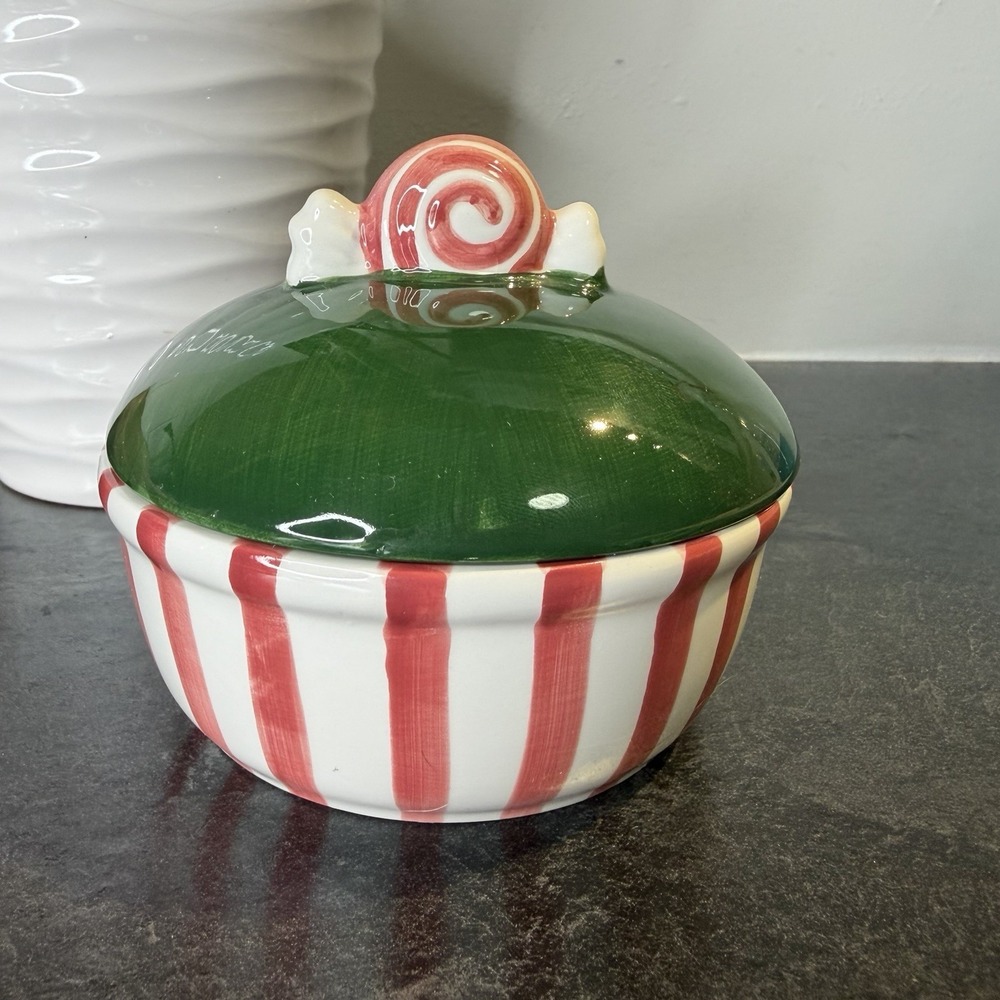 Vintage Bath & Body Works At Home Peppermint Striped Lidded Candy‎ Dish